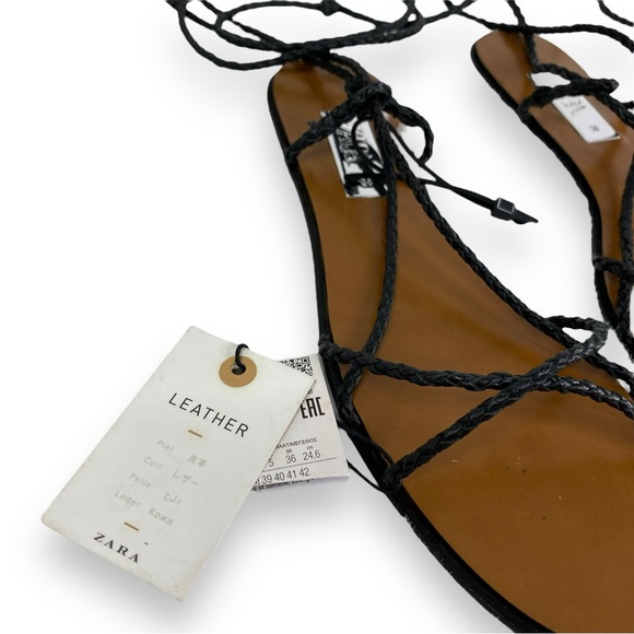 Black Zara Braided Leather Flat Tie Up Sandals Women’s Size 7.5 - Picture 9 of 12